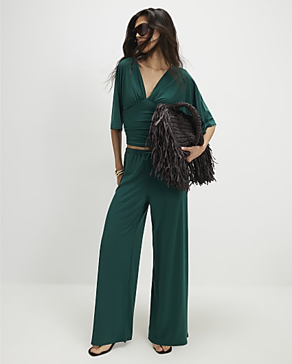 Green Drawstring Wide Leg Trousers