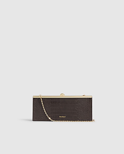 Brown Croc Embossed East West Clutch Bag