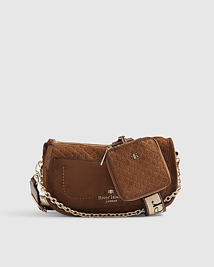 Brown Scooped Embossed Crossbody Bag