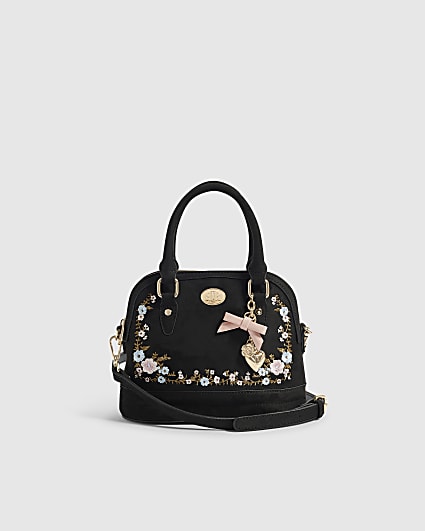 Black Floral Embroidered Faux Suede Bag