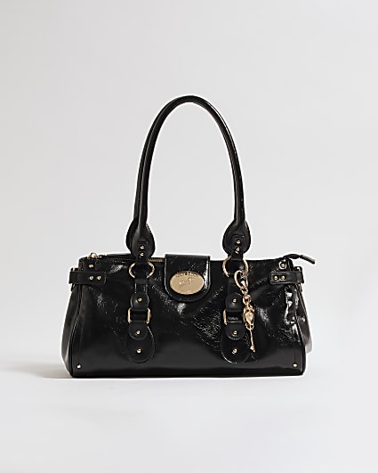 Black Buckle Front Charm Tote Bag