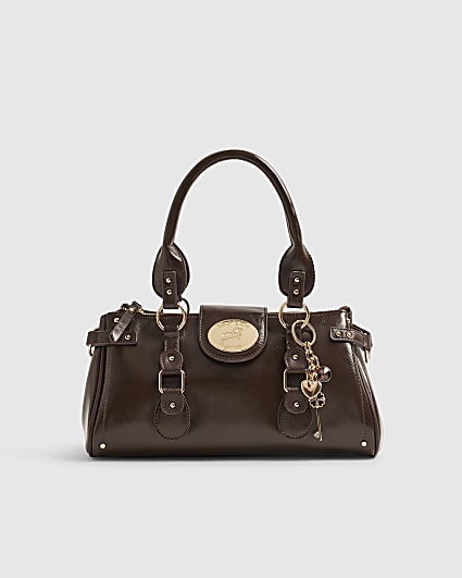 Brown Buckle Front Charm Tote Bag