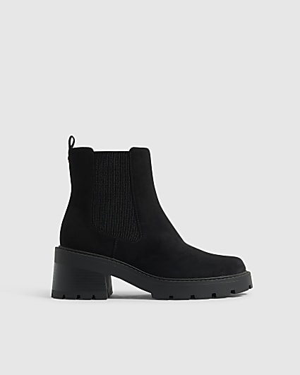 Black Faux Suede Cleated Sole Chelsea Boots