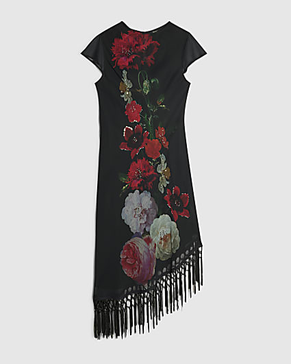 Petite Black Floral Fringed Dress
