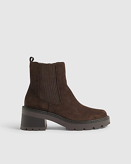 Brown Faux Suede Chunky Cleated Chelsea Boots