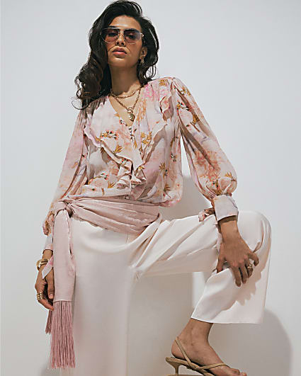 Pink Floral Swan Ruffle Blouse
