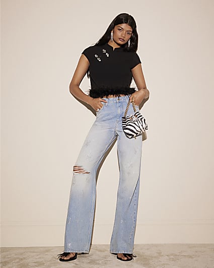 Blue High Rise Sparkle Ripped Straight Jeans