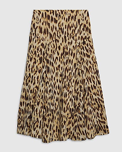 Petite Brown Leopard Print Godet Midi Skirt