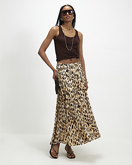 Brown Leopard Print Godet Midi Skirt