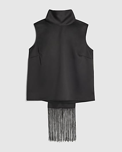 Petite Black Fringe Scarf Tank Top