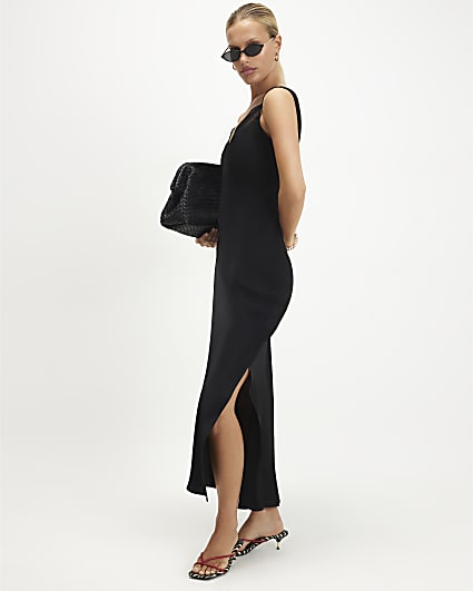 Black Lace Trim Satin Midi Slip Dress