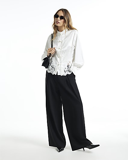 White Satin Lace Trim Drummer Boy Blouse