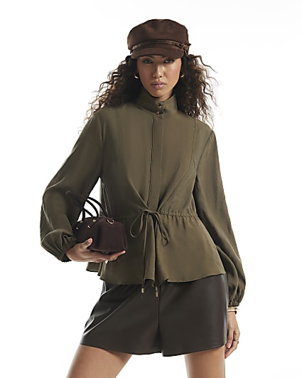 Khaki Funnel Neck Drawstring Waist Jacket