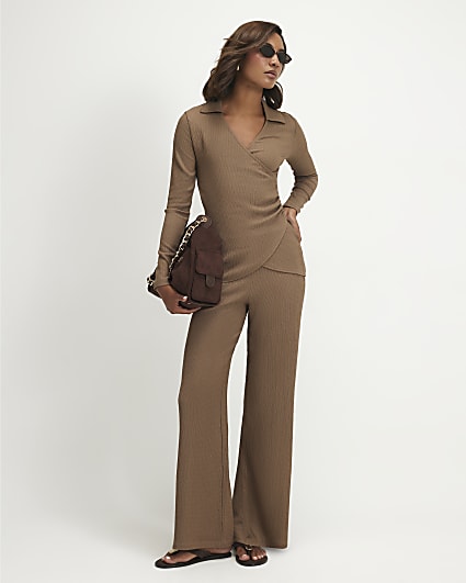 Brown Textured Wide Leg Trousers