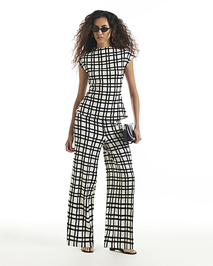 Cream Check Textured Wide Leg Trousers