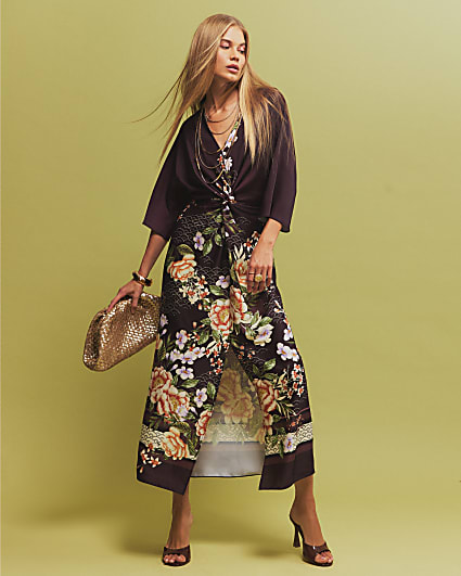 Purple Floral Twist Front Midi Dress