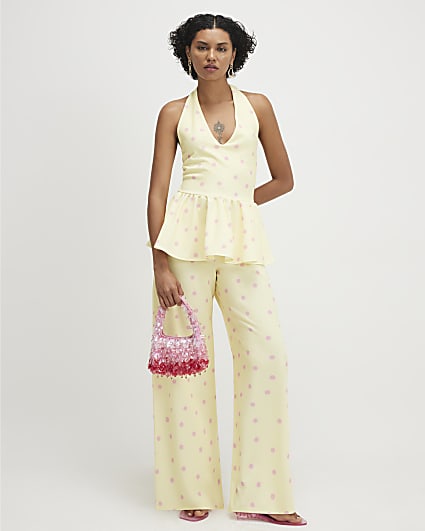 Yellow Spot Print Wide Leg Trousers