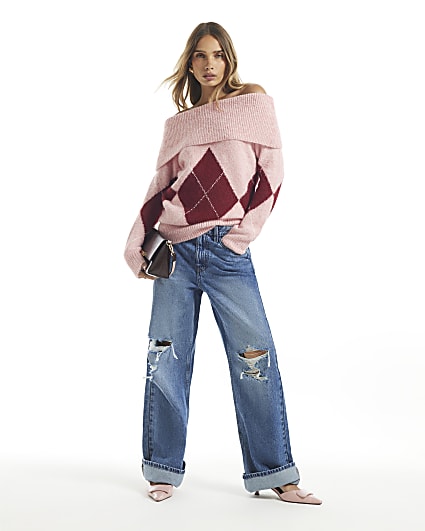 Pink Argyle Knit Bardot Jumper