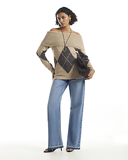 Beige Argyle Knit Bardot Jumper