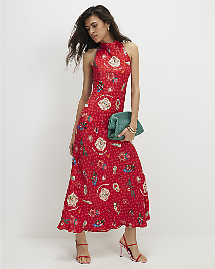 Red Satin Abstract Print Maxi Slip Dress