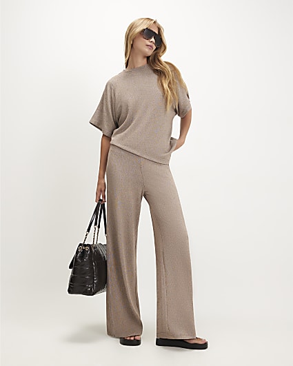 Beige Textured Wide Leg Trousers