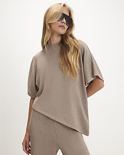 Beige Textured Asymmetric Hem Top