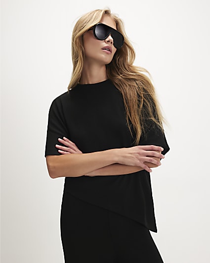 Black Knitted Aysmmetric Top