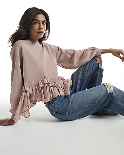 Pink Ruffle Hem Sweatshirt