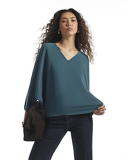 Green V Neck Batwing Top