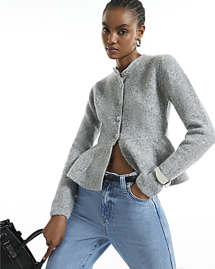 Grey Knitted Peplum Hem Cardigan