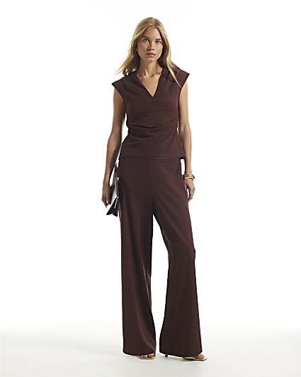 Burgundy Textured Wide Leg Trousers