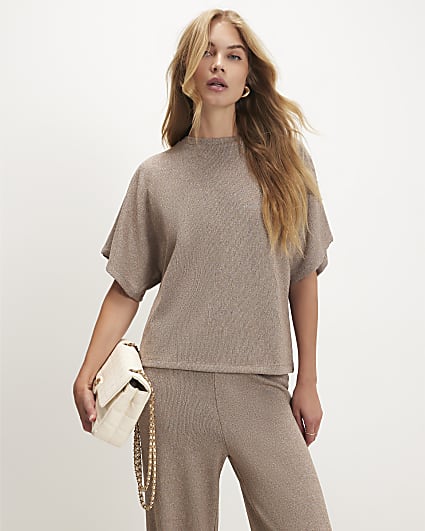Beige Textured Boxy T-Shirt