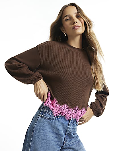 Brown Lace Hem Sweatshirt