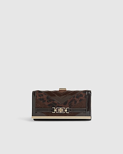 Brown Spliced Panelled Cliptop Purse