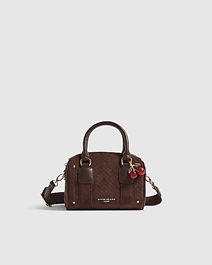 Brown Faux Suede Monogram Boxy Bowler Bag