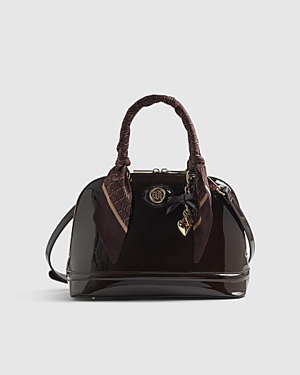 Brown Patent Scarf Handle Crossbody Bag
