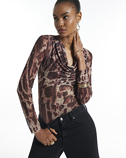 Beige Mesh Leopard Print Embellished Bodysuit