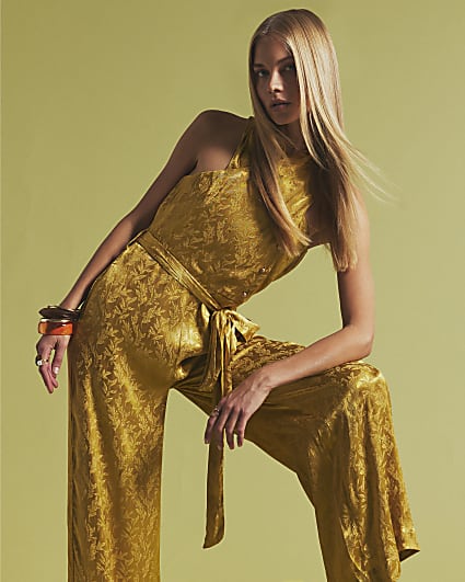 Gold Satin Jacquard Wrap Jumpsuit