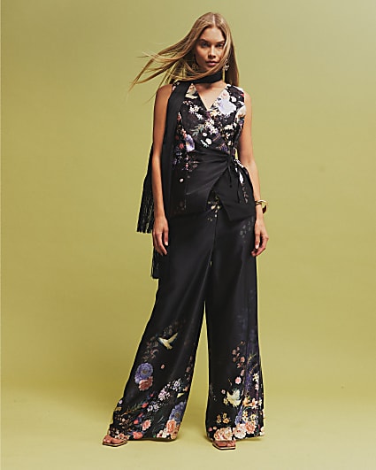 Black Floral Wide Leg Trousers
