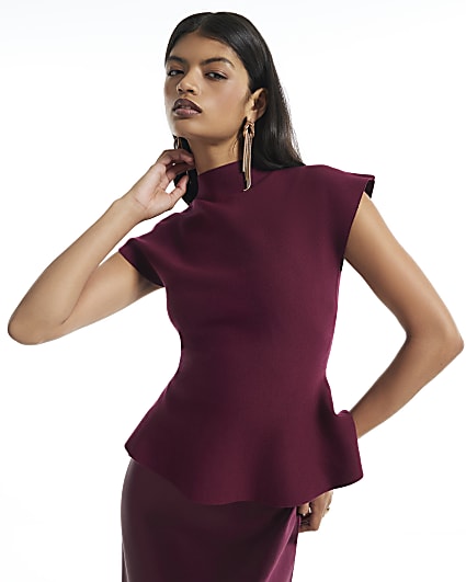 Burgundy Hybrid Satin Knit Peplum Maxi Dress