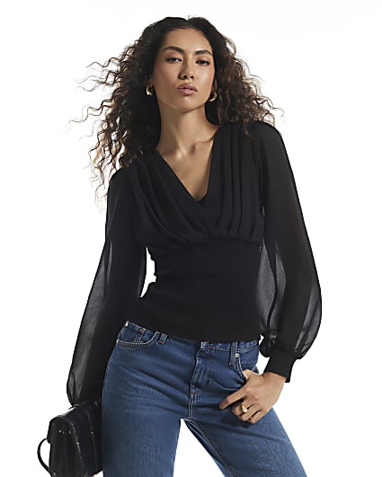 Black Knit Chiffon Corset Blouse