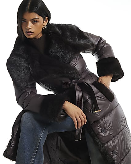 Brown Faux Fur Collar Padded Coat