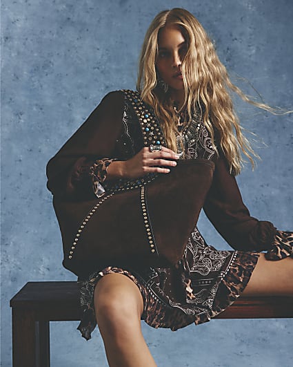 Brown Suede Studded Tote Bag