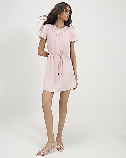 Pink Pleat Neck Mini Shift Dress