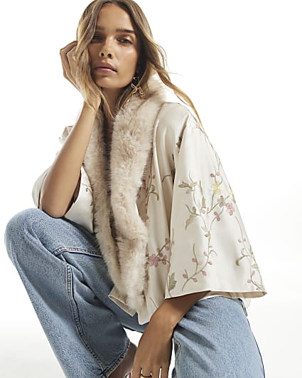 Cream Embroidered Faux Fur Kimono