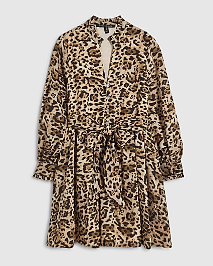 Petite Brown Leopard Belted Skater Dress