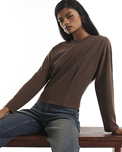 Brown Batwing Pleat Detail Top
