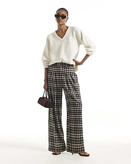 Brown Check Straight Wide Leg Trousers