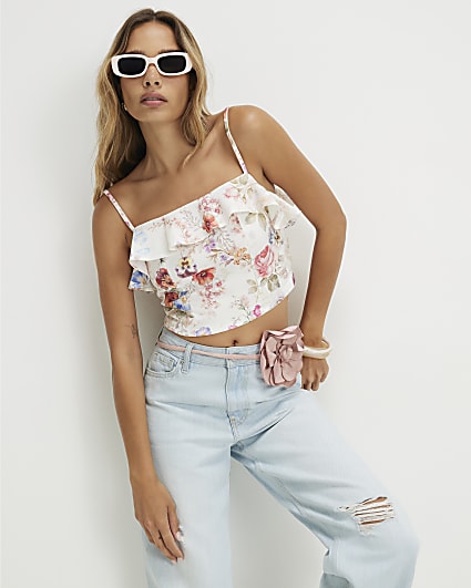 Cream Floral Print Frill Crop Top