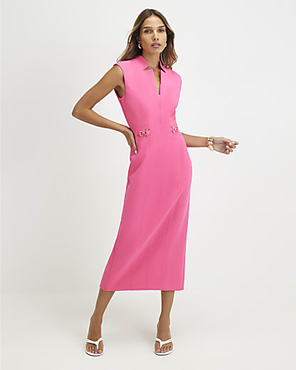 Pink Notch Neck Snaffle Midi Dress